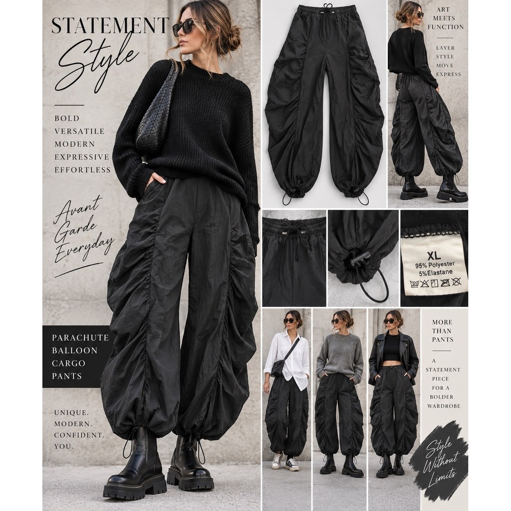 Avant Garde Parachute Balloon Pants XL Lagenlook Ruched Sculptural Black